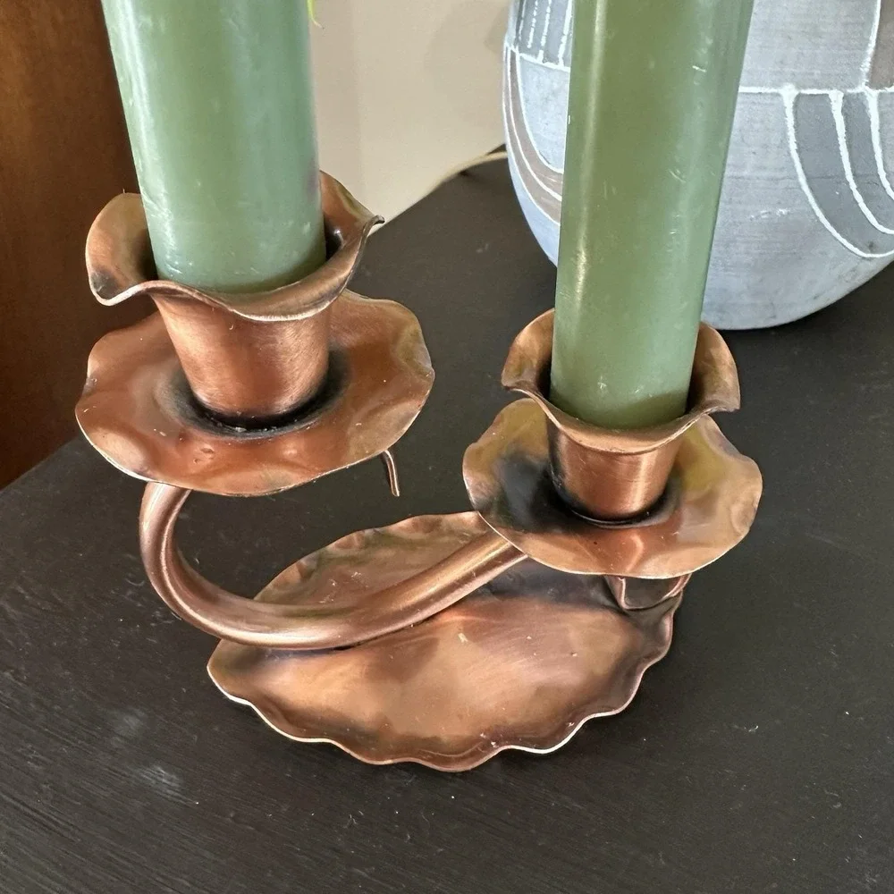 VTG Gregorian Solid Copper Double Candle Holder Scalloped Edge Cottagecore